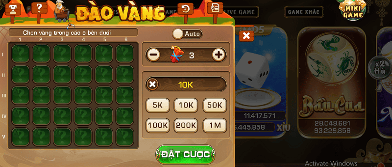 Minigame đào vàng tại TDTC hút nhiều người chơi đặt cược